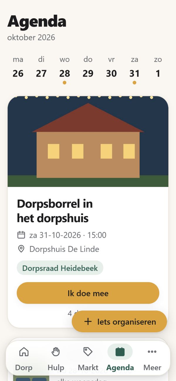 De agenda van Heidebeek met de dagen van deze week en de dorpsborrel in het dorpshuis op zaterdag, met de knop Ik doe mee.