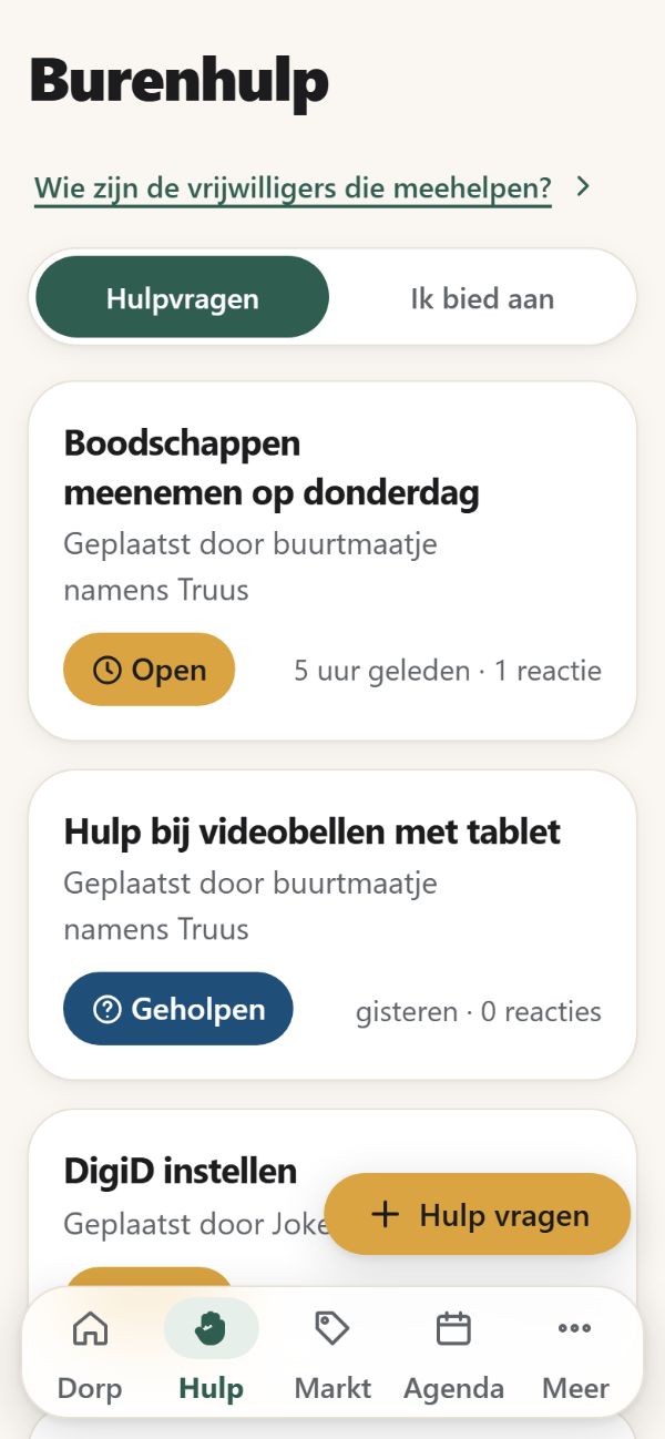 De lijst met hulpvragen in Heidebeek, zoals boodschappen meenemen op donderdag en hulp bij videobellen, geplaatst door een buurtmaatje namens een buurvrouw, met de status Open of Geholpen.