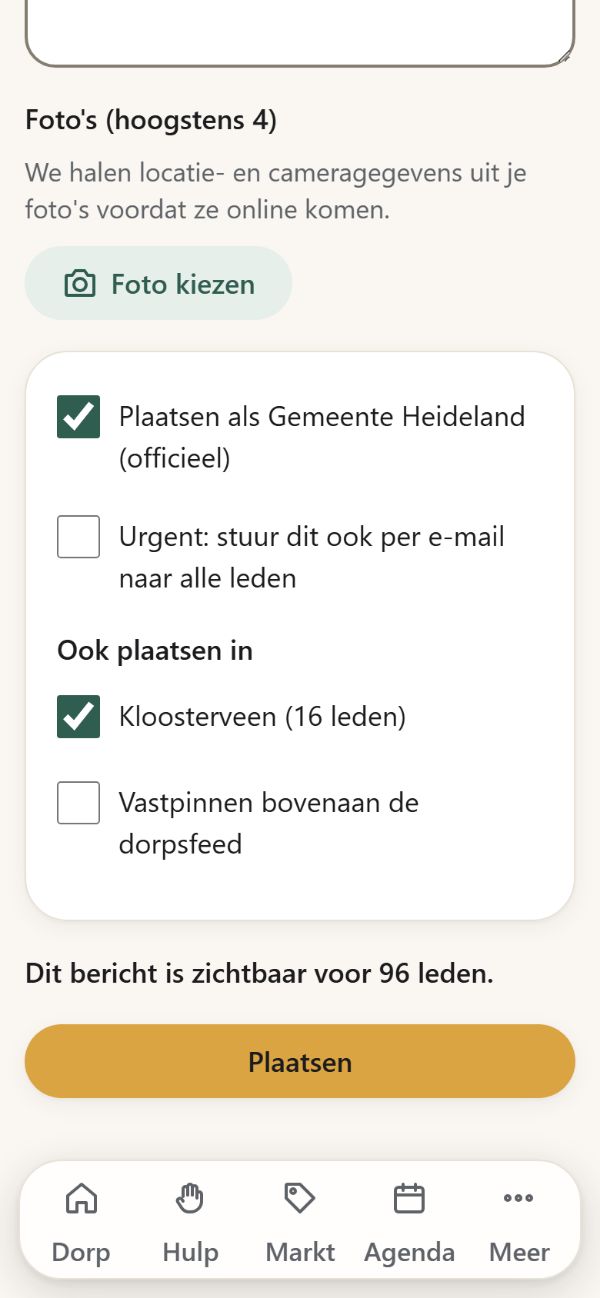 Het formulier voor een nieuw bericht als redacteur van de gemeente: plaatsen als Gemeente Heideland (officieel), urgent ook per e-mail, ook plaatsen in de wijk Kloosterveen, en hoeveel leden het bericht zien.