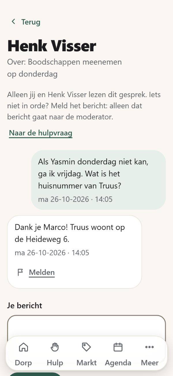 Een privégesprek tussen twee buren over boodschappen voor een buurvrouw, met de uitleg dat alleen zij tweeën het gesprek lezen en een knop om een bericht te melden.